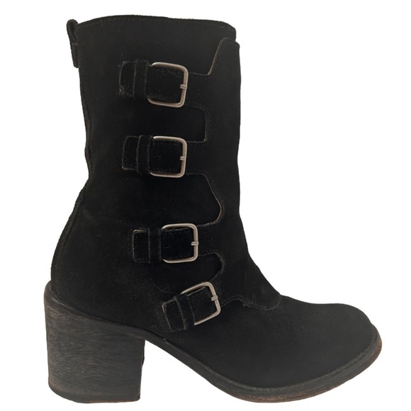 JL J. Litvack Moto Boots Booties Black Suede Four Buckle Chunky Stacked Heel - Picture 4 of 16